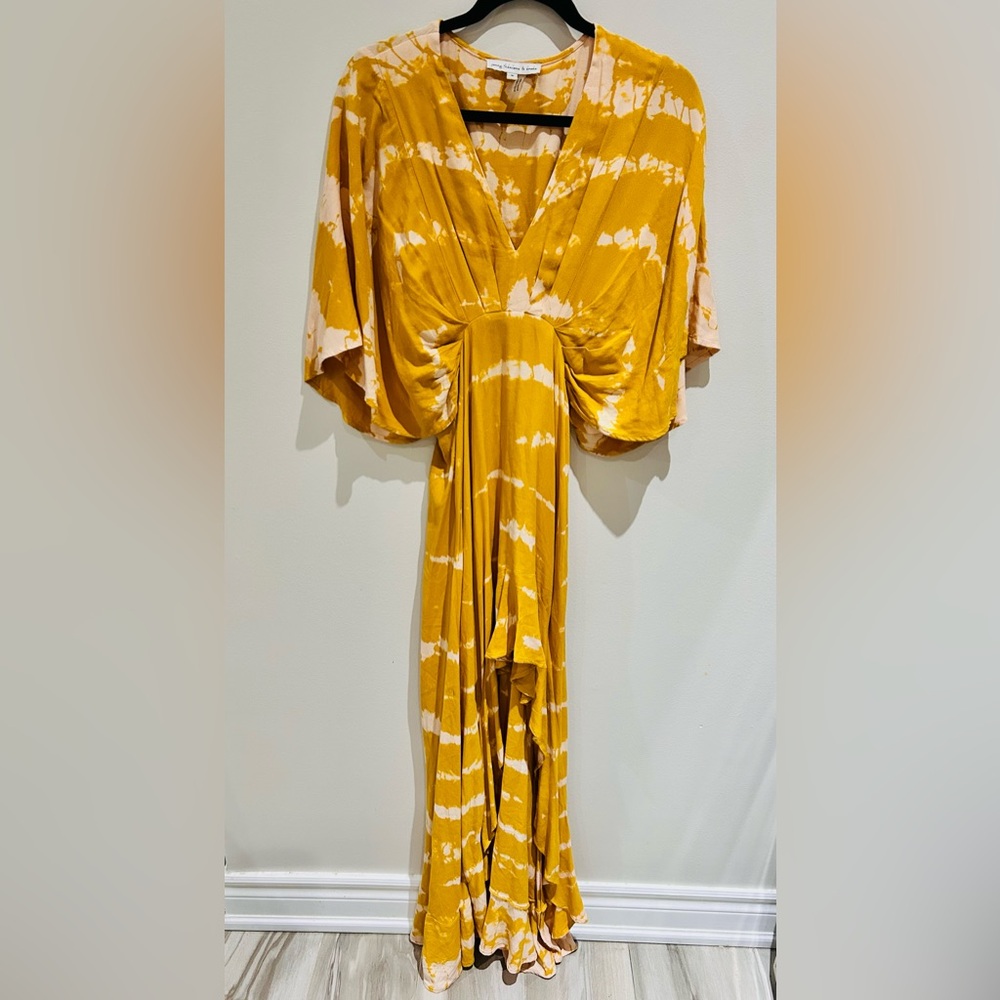 Yellow Tie-Dye High-Low Boho Maxi Dress- Size S-100% Rayon - Picture 2 of 8